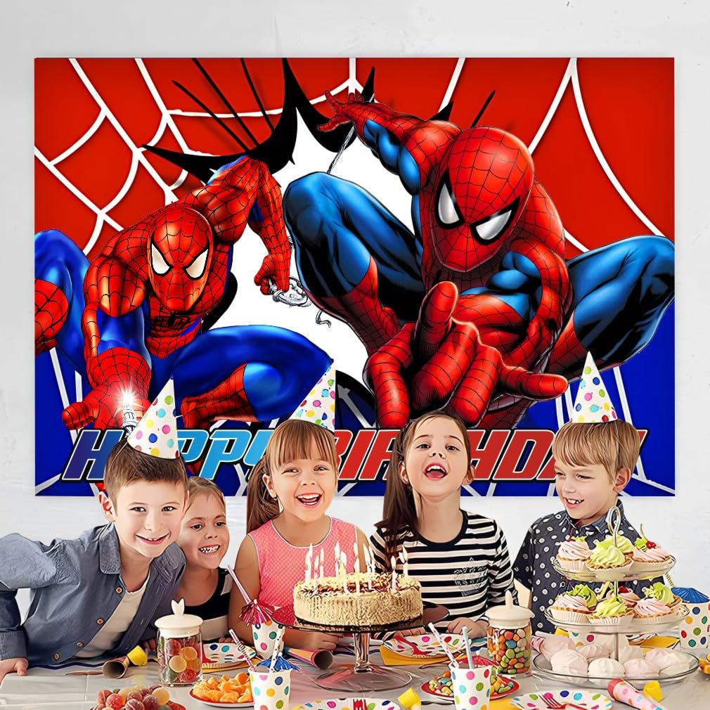 Spider Birthday Party Decorations, 5x3ft Happy Birthday Back Drop Banner Theme Backdrop Banner for Spider Party Decorations Indoor Outdoor.