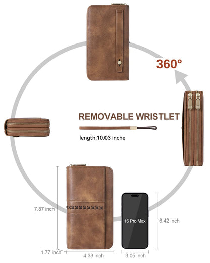 BOSTANTEN Wallets for Women Leather RFID Double Zipper Around Credit Card Holder Large Capacity Wristlet Clutch Wallet with Grip Hand Strap Brown