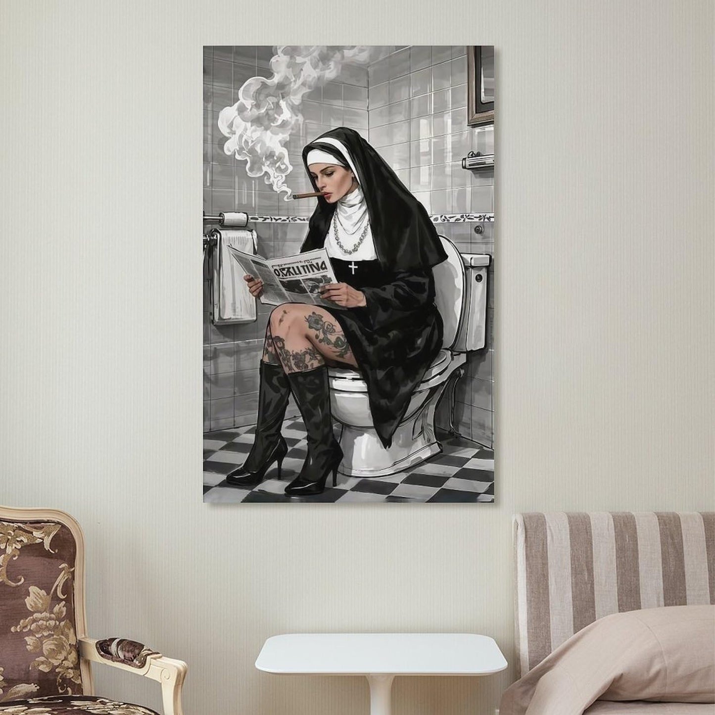 JHXNJDPOST Nun Smoking in Bathroom with Newspaper Poster Black And White Canvas Wall Art Aesthetic Decorative Painting Living Room Restaurants, Pool Halls And Hotelsstyle-6 12x18inch(30x45cm)