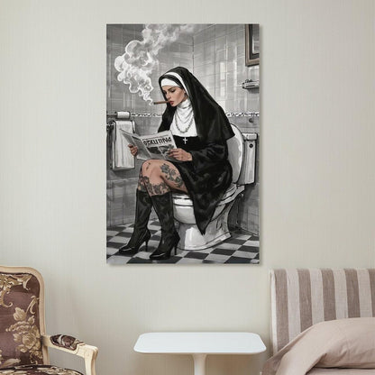 JHXNJDPOST Nun Smoking in Bathroom with Newspaper Poster Black And White Canvas Wall Art Aesthetic Decorative Painting Living Room Restaurants, Pool Halls And Hotelsstyle-6 12x18inch(30x45cm)