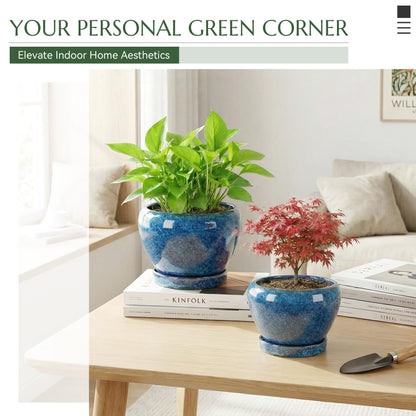 TOSELBAI 8.3 Inch Ceramic Planter with Saucer Leak-Proof Mesh &Drainage, Round Plant Pot with Gardening Gloves for Indoor Outdoor Plants (Sapphire Blue Glaze)