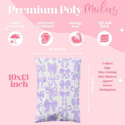10x13 Designer Poly Mailer 100 Pack Heavy Duty Waterproof Self Seal Shipping Bags for Small Business Large Mailing Envelopes Bulk Tear Resistant Packaging Purple Bows