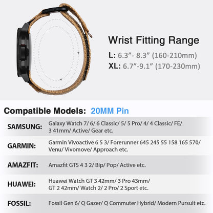Nereides Band Compatible with Samsung Galaxy Watch 7 6 5 4 40mm 44mm/ Watch 6 4 Classic/Watch 5 Pro/Watch 3 Classic 41mm/Active 2, 20mm Nylon Replacement Sports Strap for Men Women(Light Brown,L)
