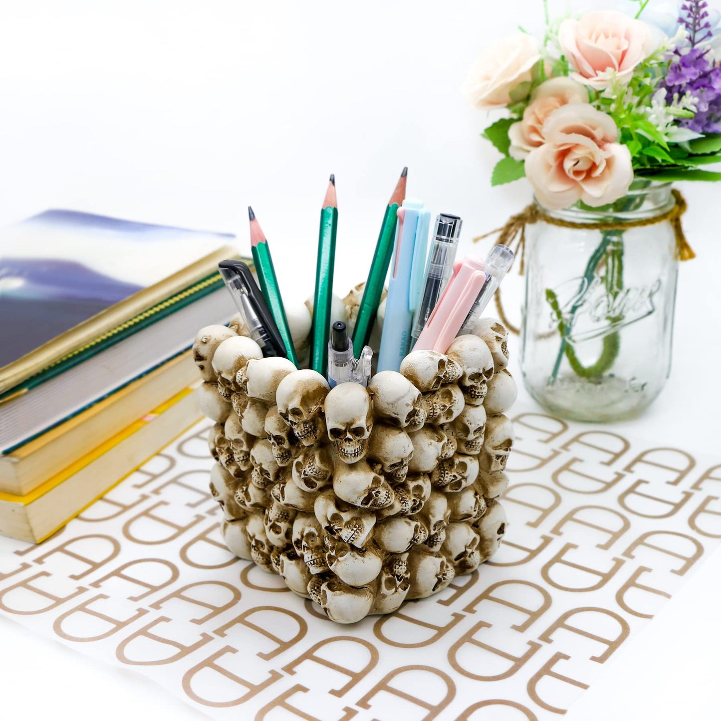 BowBei Halloween Decor Skull Pen Holder - Goth Human Skull Makeup Accessory Brush Holder for Desk Gothic Spooky Pencil Cup Desktop Storage box Organizer for Home Office Women Man Birthday Gift
