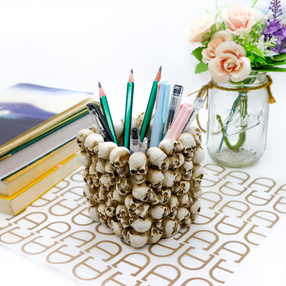 BowBei Halloween Decor Skull Pen Holder - Goth Human Skull Makeup Accessory Brush Holder for Desk Gothic Spooky Pencil Cup Desktop Storage box Organizer for Home Office Women Man Birthday Gift