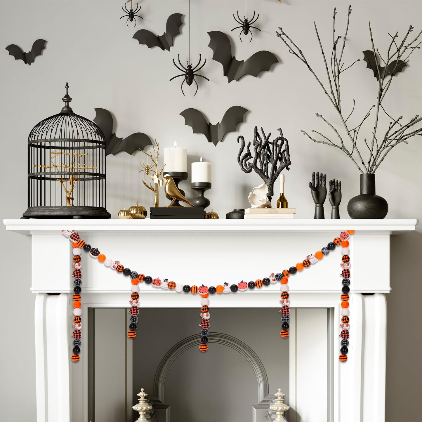 Whaline 210Pcs Halloween Wooden Beads Ghost Pumpkin Spider Web Craft Bead Black Orange Round Loose Beads for DIY Crafts Bracelet Necklace Making Supplies