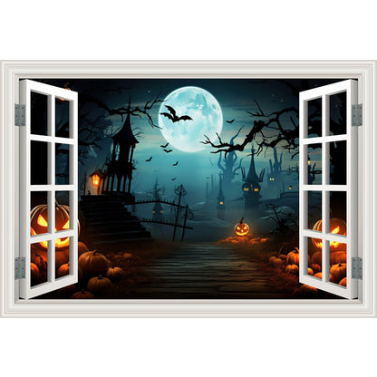 Fake Window Wall Decals Halloween Pumpkin Castle Bat Night View Terror Mural Faux Window Sticker Poster Open Wall Art Picture， for Room Office Decor Stick and Peel Natural Scenery Scene 16“x24”