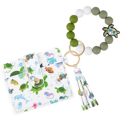 elephtree Wristlet Wallet Keychain,Beaded Silicone Bracelet PU Leather Card Holder Tassel Key Ring Bangle for Women Girls(Turtle)