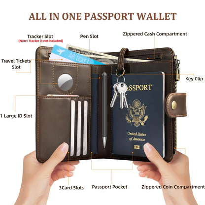 Genuine Crazy Horse Leather Passport Wallet, RFID Blocking Passport Holder with Tracker Slot, All in One Travel Wallet for Women/Men, Secure Passport Cover Case for Airport Essentials (Dark Brown)