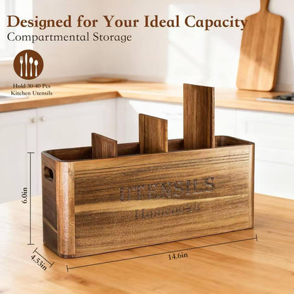 Homcookit Utensil Holder for Kitchen Countertop, Extra Large Acacia Wood Organizer, 4-Compartment Storage for Cooking Tools, Farmhouse-Style Cutlery Holder