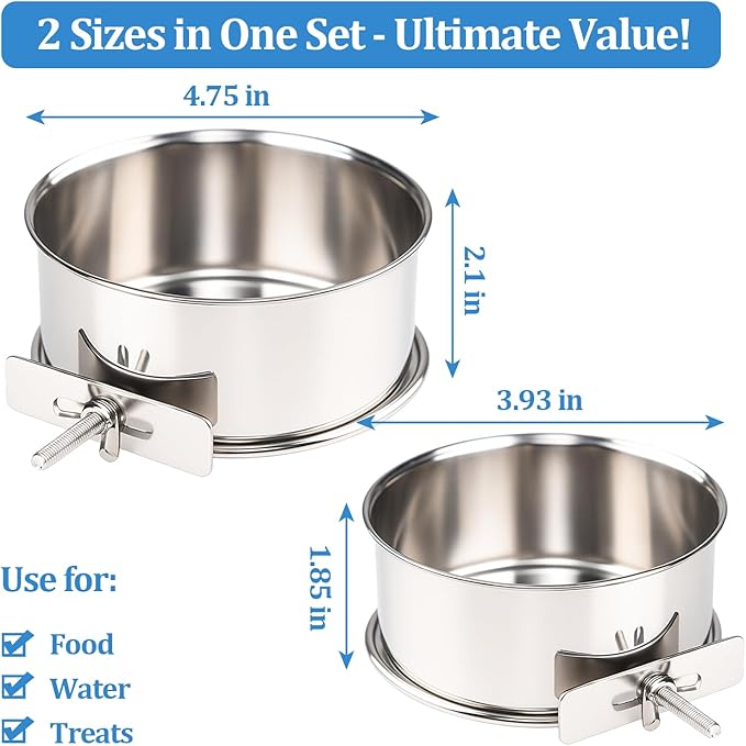 2 Pack Stainless Steel Bird Food Bowl Small Bird Feeding Dish Cups for Cage Parrot Food Bowl Cage with Clamp Holder for Parrots, Cockatiels, Small Animals (S+M)