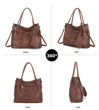 myfriday 2pcs Soft Faux Leather Tote Bag for Women Set, Slouchy Shoulder Handbag Vintage Top Handle Purse with Coin Purse (Grey)