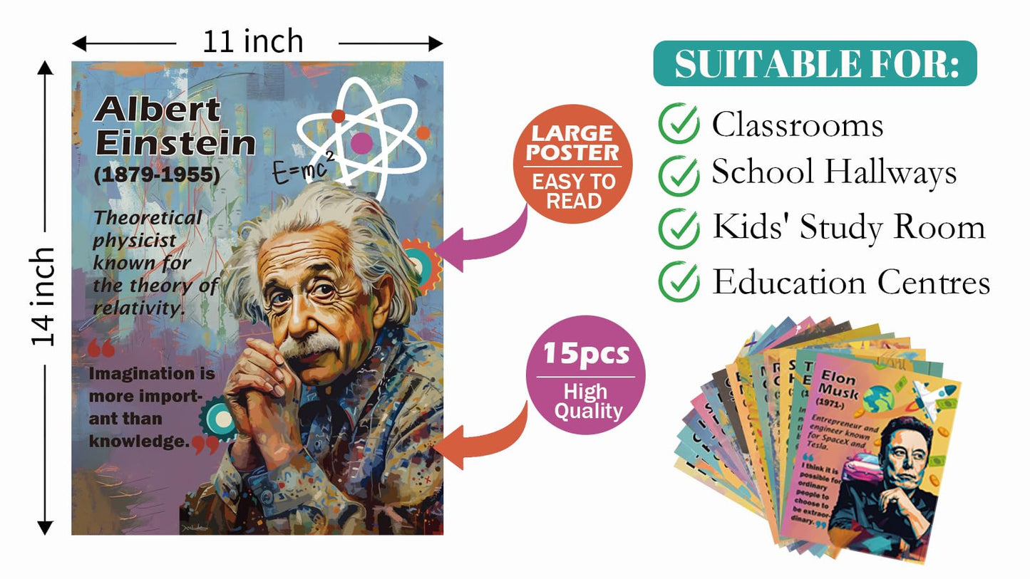 1step2dream Science Poster Classroom Set: 15 Vibrant 11x14 Educational Wall Art Featuring Famous Scientists - Ideal for Middle School, Science Labs & Bulletin Boards