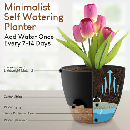 YNNICO Plant Pots 10/9/8/7.5/7 inch, Self Watering Planters with Drainage Holes & Saucers for Indoor and Outdoor Plants (Black)