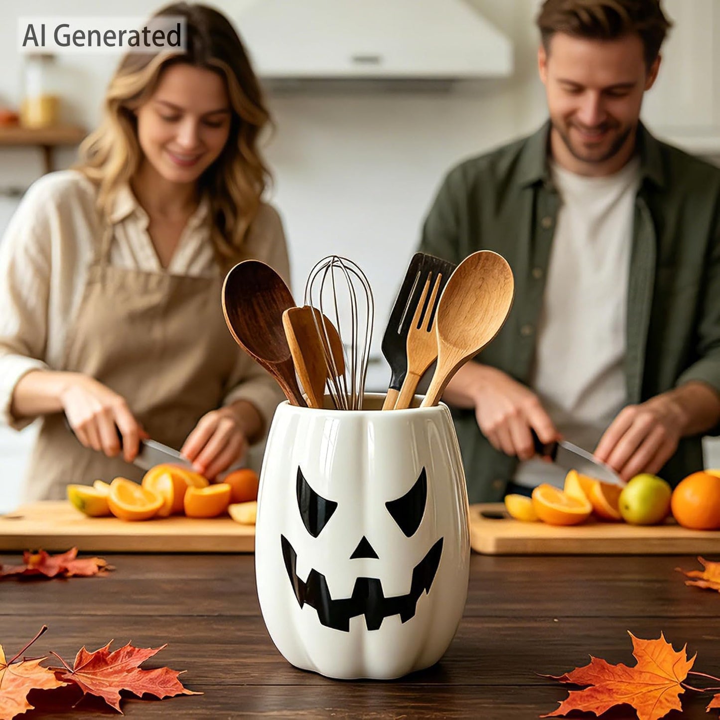 pinata Halloween Kitchen Decor Ceramic White Pumpkin Utensil Holder, Cute Halloween Utensils Holder, Ceramic Utensils Crock for Rustic Farmhouse Indoor Kitchen Decorations(6.3 Inches)