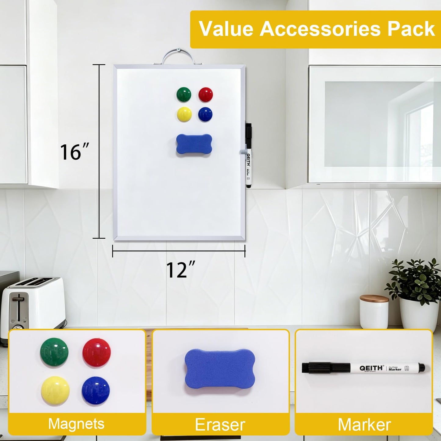 Small White Board,16"X12"Portable Aluminum Frame Whiteboard, Magnetic Double Sided Dry Erase Board, with A Handle and Side Pen Clip,for Office, Home,School,Includ 4 Magnets,1 Eraser,1 Marker (Silver)