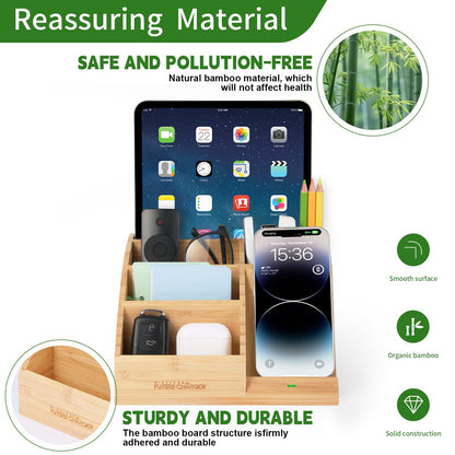 Bamboo Pen Holder for Desk & Nightstand Organizer with Fast Wireless Charging for iPhone, Samsung & More – Office Desk Accessories for Men/Women (Natural)
