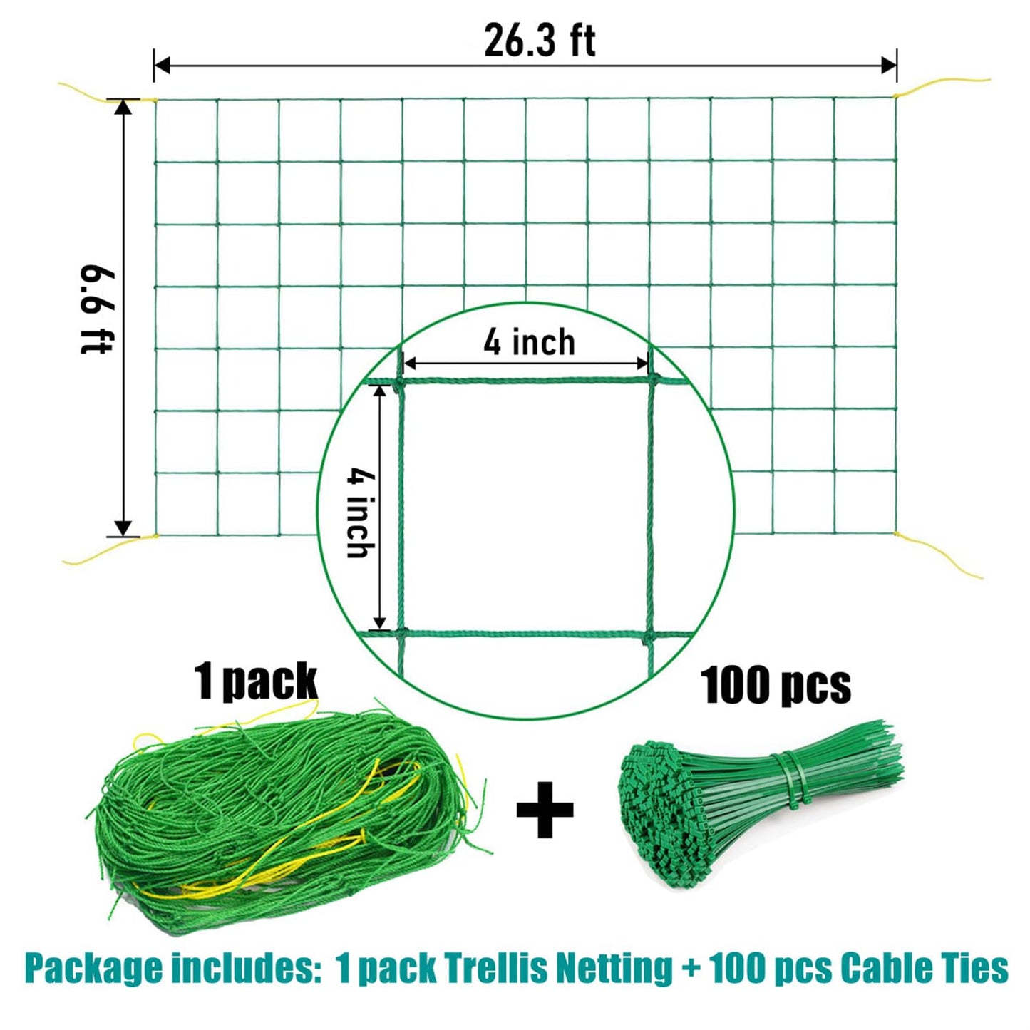 Trellis Netting for Climbing Plants, 6.6x26.3 FT Heavy Duty Garden Trellis Net with 27 Strands Nylon for Cucumber, Grape, Vine, Vegetables, Flowers, Bean, Tomato Grow Trellis Net (Green, 1 Pack)