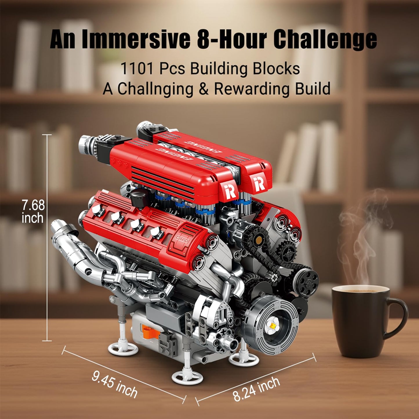 ZornRC V8 Engine Model Building Kit that Works,Mechanical Model Kits for Adult,STEM Projects for Car Engine Building Set,Spray-Painted Parts with Collectible Gift-1101PCS