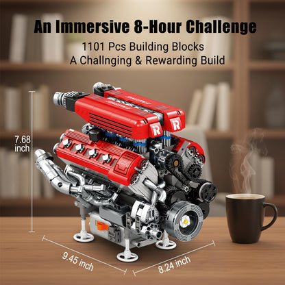 ZornRC V8 Engine Model Building Kit that Works,Mechanical Model Kits for Adult,STEM Projects for Car Engine Building Set,Spray-Painted Parts with Collectible Gift-1101PCS