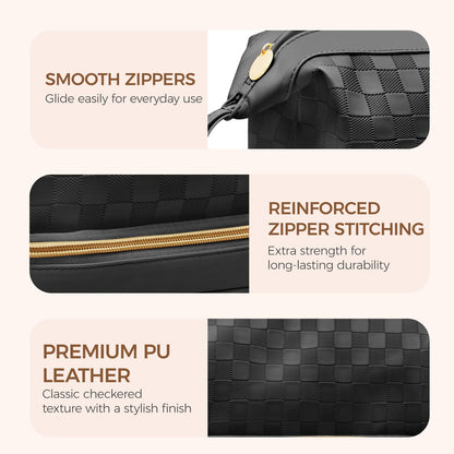 Hairao Large Makeup Bag for Women, Double Layer Travel Makeup Bag with Brush Compartment, Waterproof PU Leather Cosmetic Bag, Checkered Toiletry Bag Makeup Organizer for Skincare & Toiletries, Black