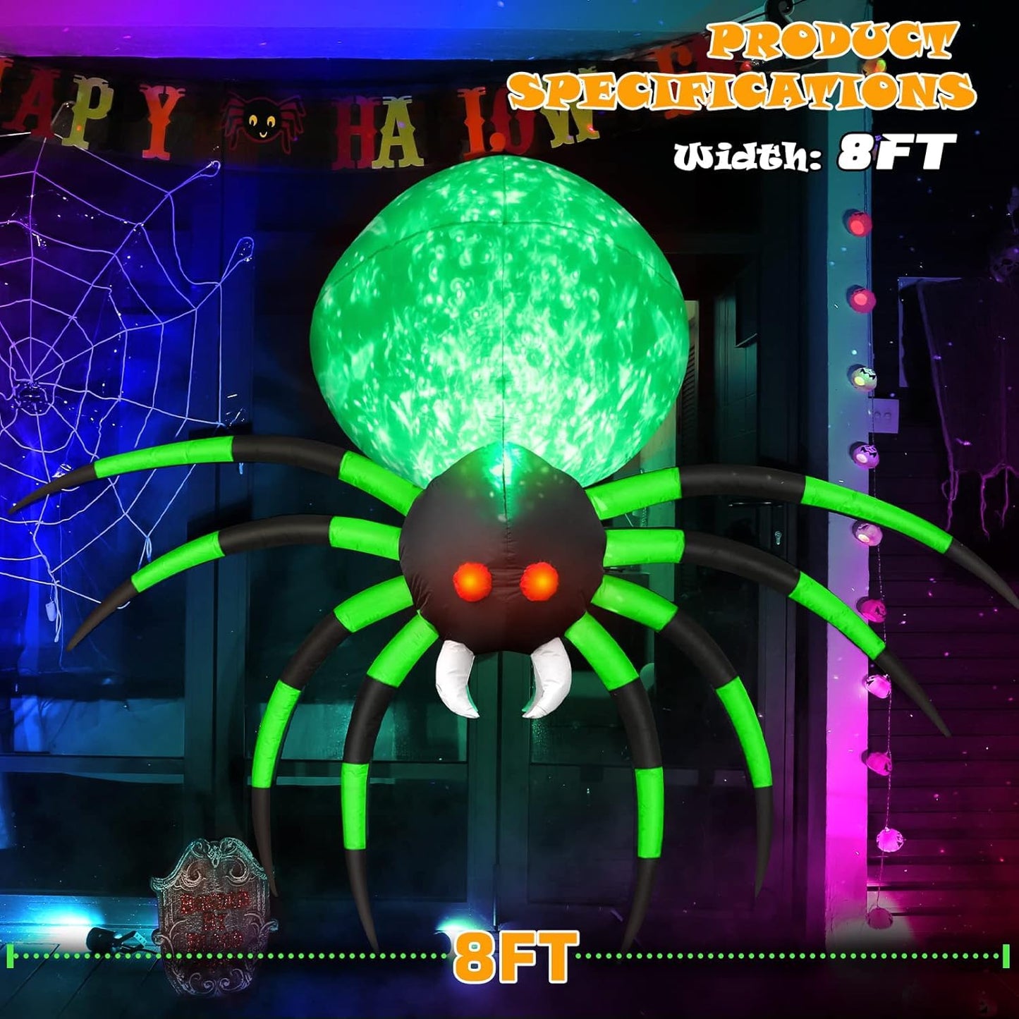 8 FT Halloween Inflatables Spider Outdoor Decorations for Yard, Giant Blow up Green Spider with Rotating Fire Flame Light, Large Spooky Spider Props for Halloween Party Garden Lawn House Holiday Decor