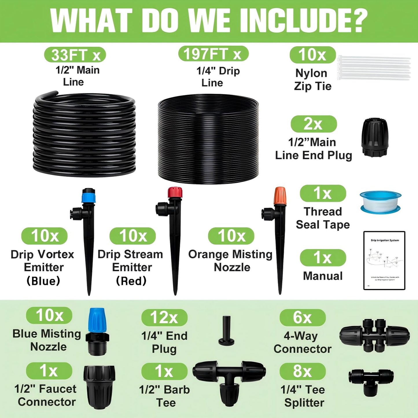 TJJFMM 230FT Drip Irrigation System for Garden with 40 Nozzles & Emitters, Garden Watering System with 1/2" & 1/4" Tube and Barbed Fittings - Adjustable Sprinklers Kit for Greenhouse, Lawn, Raised Bed
