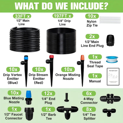 TJJFMM 230FT Drip Irrigation System for Garden with 40 Nozzles & Emitters, Garden Watering System with 1/2" & 1/4" Tube and Barbed Fittings - Adjustable Sprinklers Kit for Greenhouse, Lawn, Raised Bed
