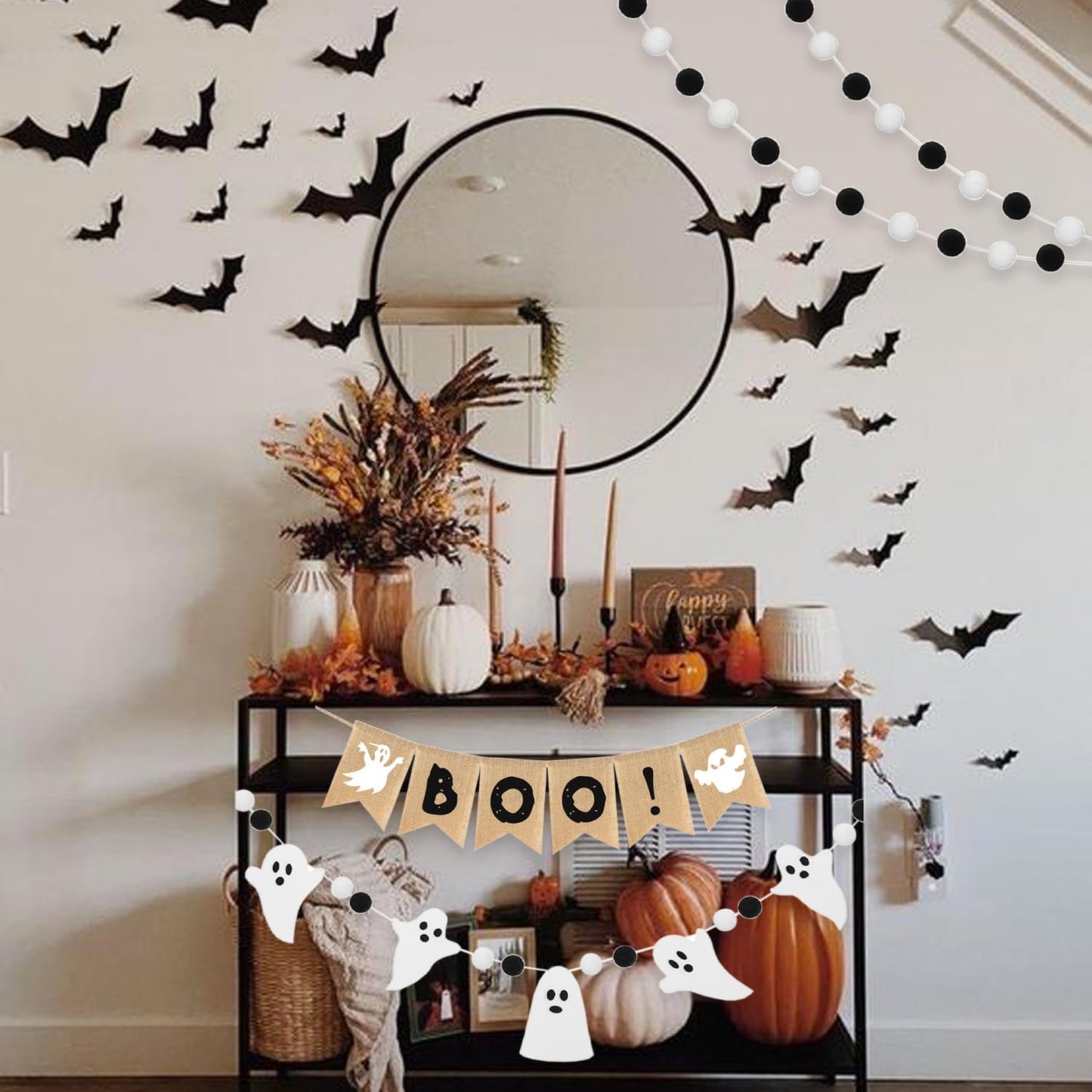 Boo Banner, 4 Pcs Halloween Natural Burlap Bunting Pennant and Cute Felt Ghost with Black White Pom Pom Ball Garland for Farmhouse Shelf Fireplace Mantel Tree Office Classroom Party Hanging Decoration