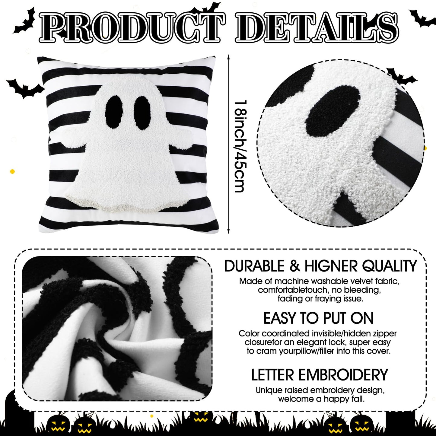 Beeveer 4 Pcs Halloween Throw Pillow Covers Set 18x18 Inch White Crochet Cute Ghost Pillow Case Embroidered Cushion Covers for Halloween Horror Farmhouse Couch Sofa Room Decor