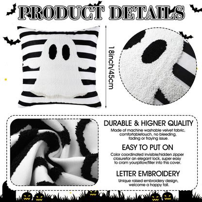 Beeveer 4 Pcs Halloween Throw Pillow Covers Set 18x18 Inch White Crochet Cute Ghost Pillow Case Embroidered Cushion Covers for Halloween Horror Farmhouse Couch Sofa Room Decor
