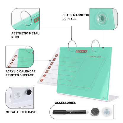 Desktop Glass Dry Erase & Acrylic Aesthetic Calendar Weekly to-do List Combo, Small Magnetic Standing Whiteboard, Desk Flip Easel Calendar with Accessories for Home Office Supply, Mint Green, 9 x 7''