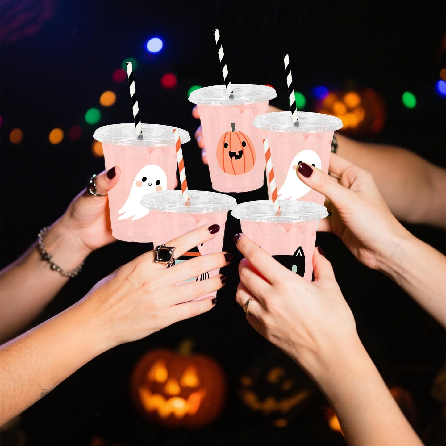 Whaline 48Pcs 12Oz Halloween Plastic Cups with Lids & Straws Ghost Pumpkin Black Cat Disposable Clear Drinking Cups for Holiday Birthday Party Supplies