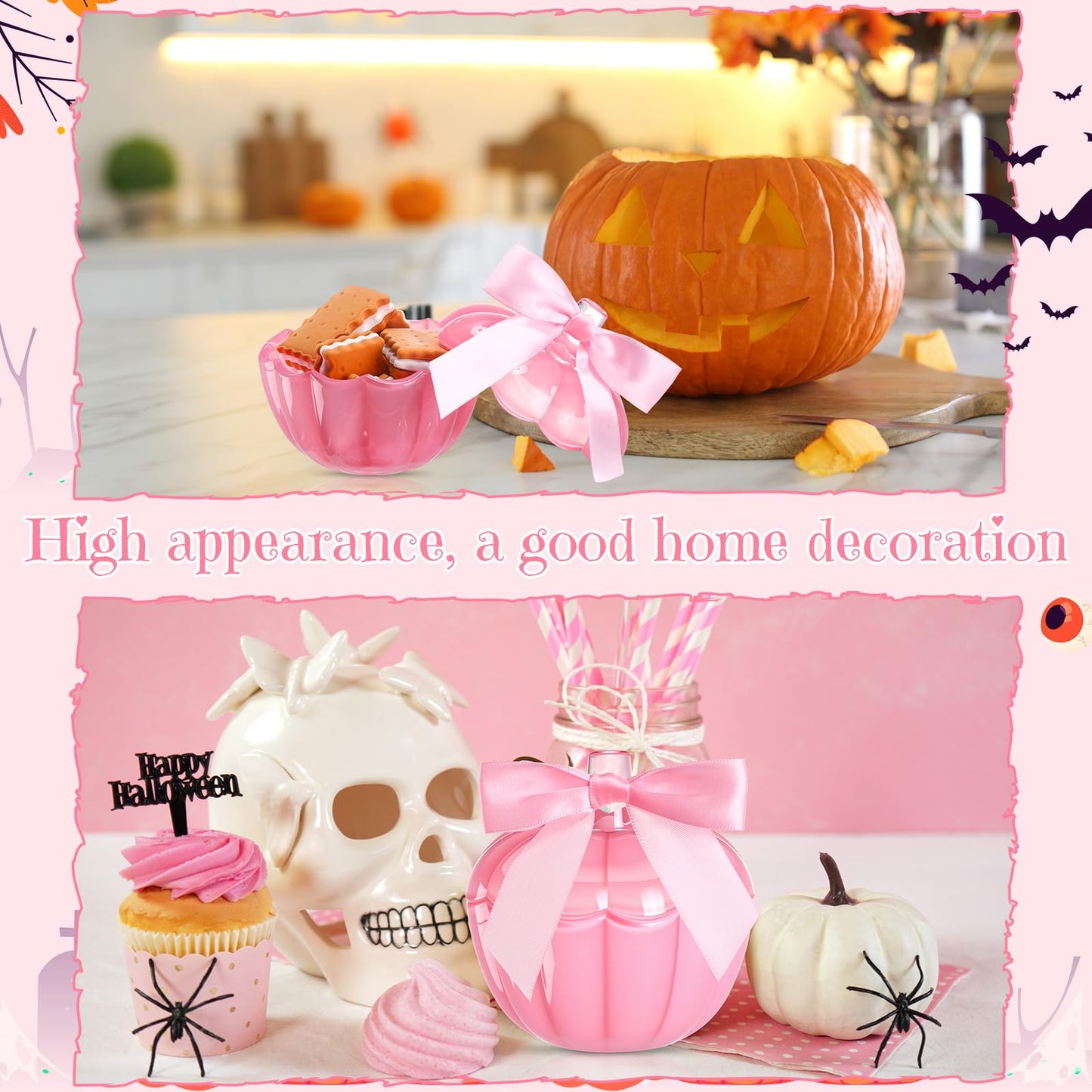 Mimorou 4 Set 4 Set Thanksgiving Candy Bowl with Lids Pink Glass Pumpkin Candy Jar with Bow for Thanksgiving Day Table Centerpiece Decoration