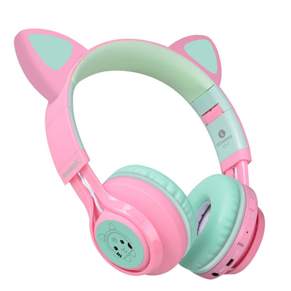 Riwbox CT-7 Cat Ear Bluetooth Headphones, LED Light Up Bluetooth Wireless Over Ear Headphones with Microphone and Volume Control for Travel/School/Smartphones/Laptop/PC/TV (Pink&Green)