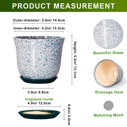 SUNPOTFOR 5.6 Inch Plant Pot - Ceramic Plant Pots for Indoor Outdoor, Round Orchid Succulent Pots with Drainage Hole and Saucer, Modern Flower Pot, Home Office Decor, Green-White