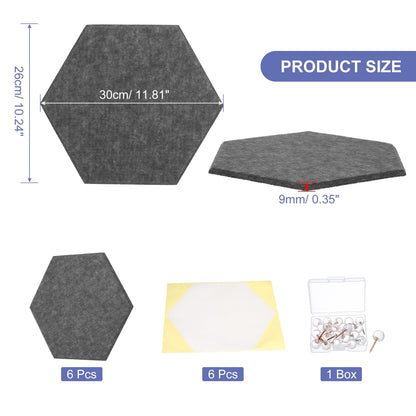 PATIKIL Felt Bulletin Board, 12"x10", 6 Packs Self Adhesive Hexagon Felt Tiles for Sound Proofing Wall Panels for Home Office Recording Studio,Game Room, Deep Gray