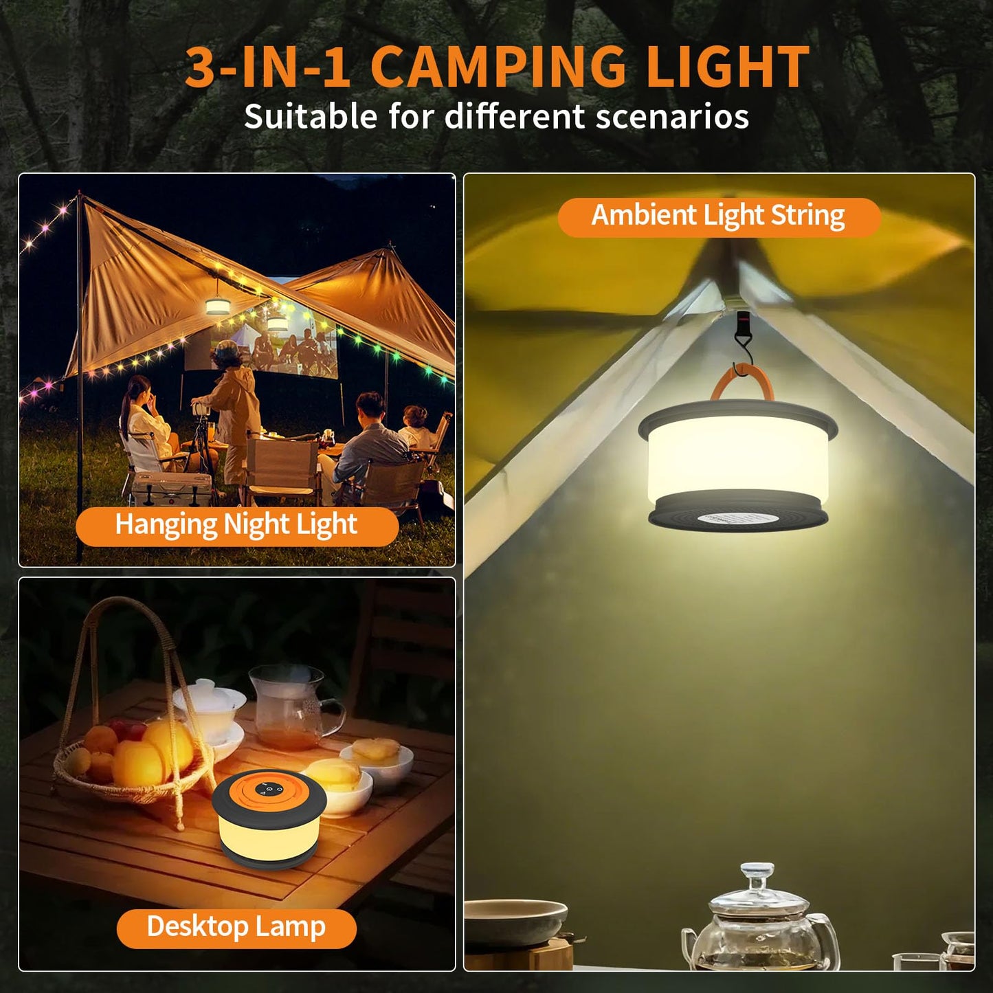 TOHETO Camping String Lights, 3 in 1 Upgraded Retractable RGB Outdoor String Lights with 19 Lighting Modes,Quick 30s Recovery, 32.8 FT Portable Tent Lights, Rechargeable Camping Lantern (Black&Orange)