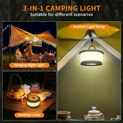 TOHETO Camping String Lights, 3 in 1 Upgraded Retractable RGB Outdoor String Lights with 19 Lighting Modes,Quick 30s Recovery, 32.8 FT Portable Tent Lights, Rechargeable Camping Lantern (Black&Orange)