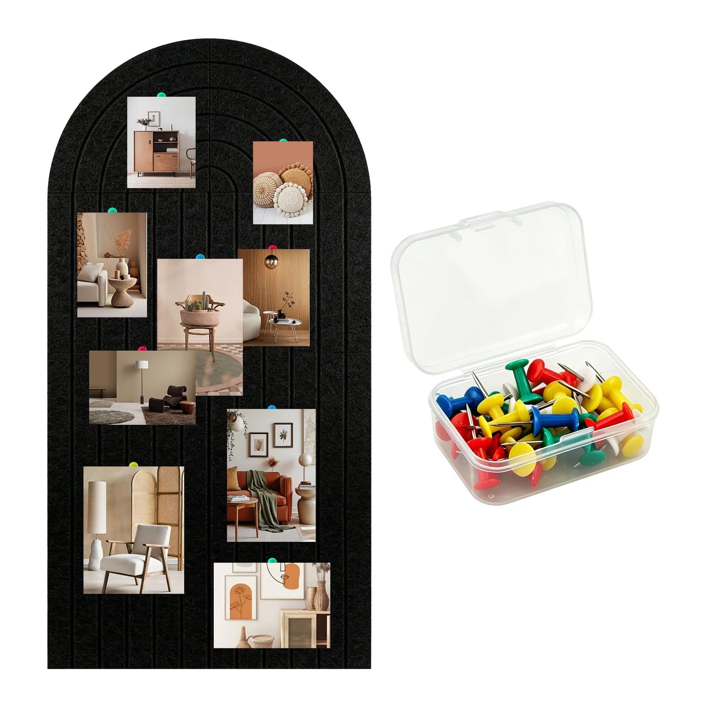 Large Arched Felt Bulletin Board, 47" x 24" Cork Board Alternative with 30 Push pins, 8 Customizable Adhesive Tiles for Office, Home Wall Decor, Photos and Workspace(Black)