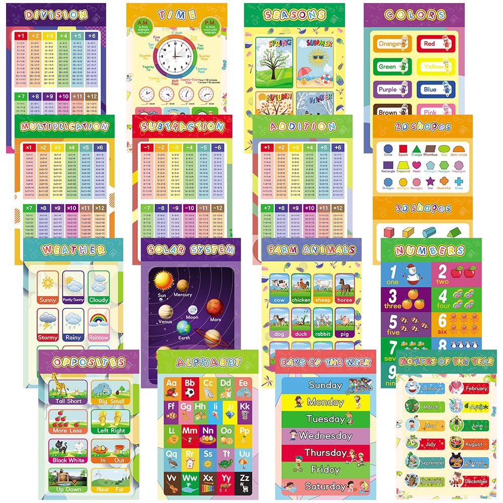 16 Pack Laminated Preschool Learning Posters for Toddlers, Waterproof Classroom & Homeschool Educational Wall Charts with Alphabet, Numbers, Math & Solar System, 16.5 × 11 in, Adhesive Dots Included