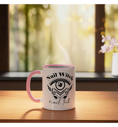 Nail Witch Halloween Nail Tech Ceramic Mug, Pink/White