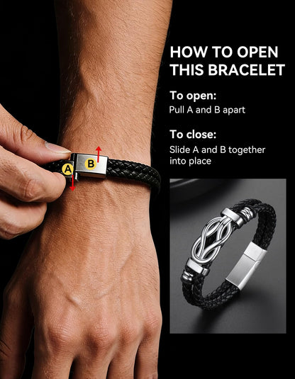 ChainsHouse Mens Leather Bracelet Idea Gift for Man Square Infinity Love Knot Braided Beaded Leather Cuff Bracelet 8.3 Inches Birthday Gifts for Men