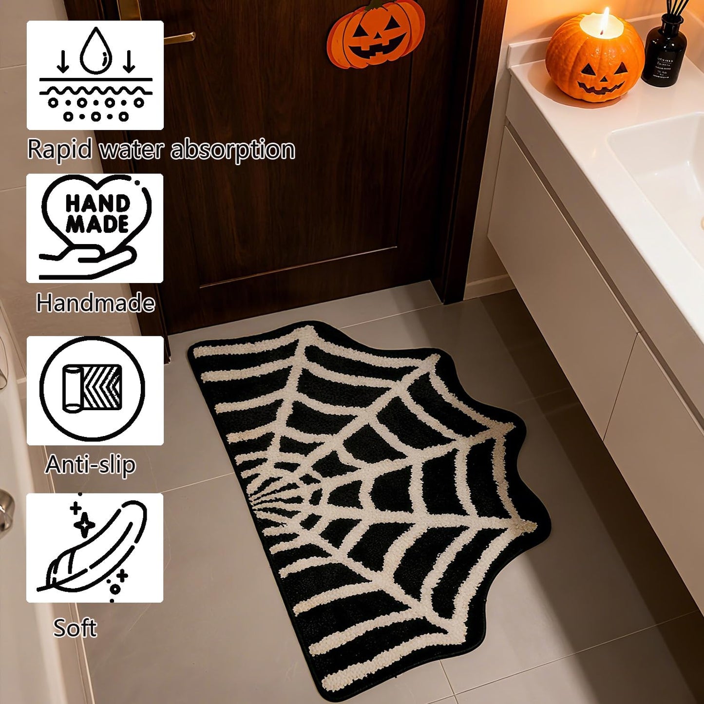 PASUXI Spider Web Bath Mat - 18x30 Inch Spider Web Bath Mat, Non-Slip Halloween Bathroom Decor, Halloween Door Mat