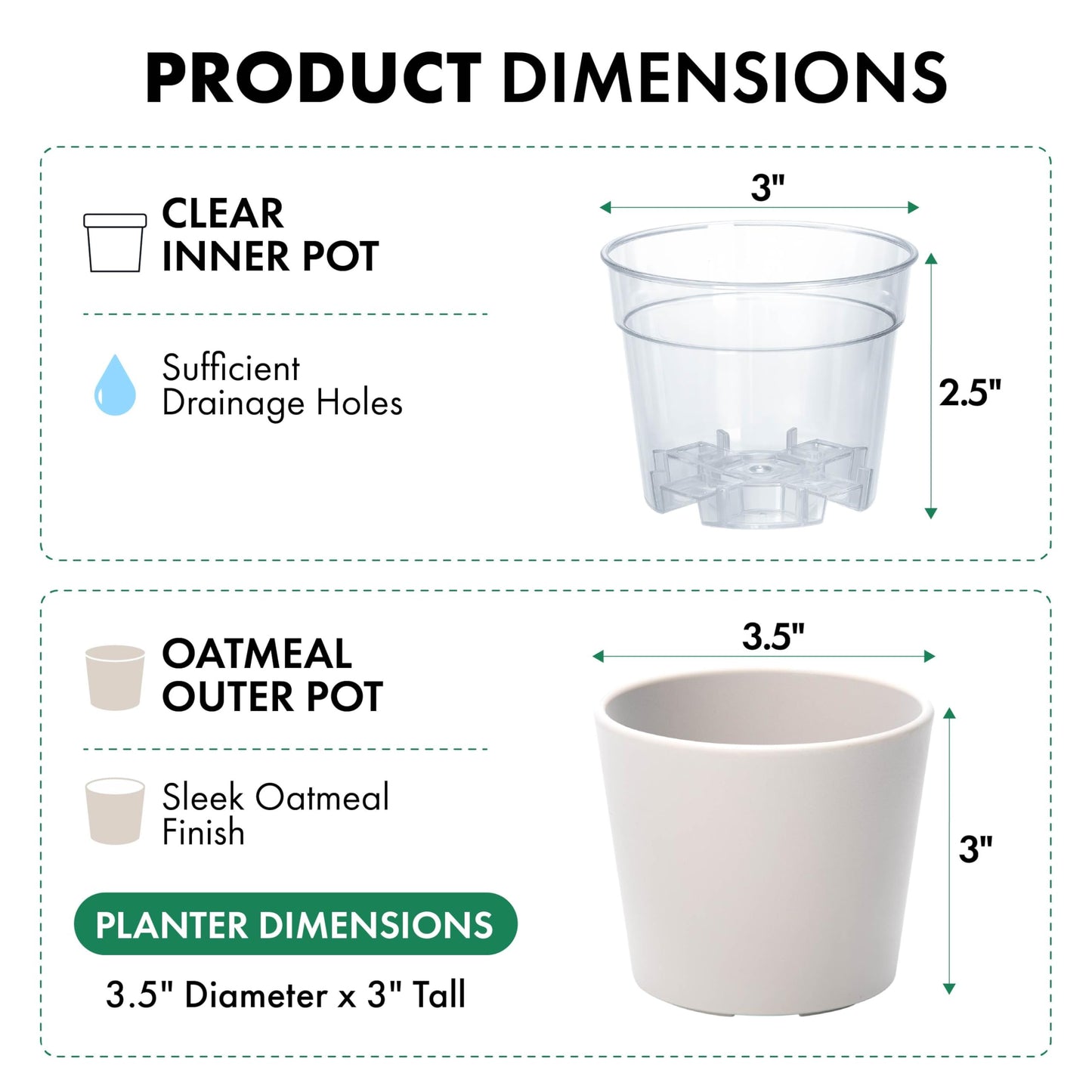 Phoenix Vine 3.5 Inch Oatmeal Plastic Cachepot with Clear Nursery Pot, Decorative Lightweight Planter Cover with Transparent Inner Pot for Indoor Houseplants, Pack of 6, 24-A-G-6