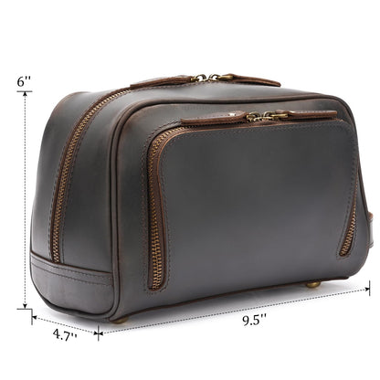 Polare Vintage Full Grain Leather Handmade Travel Toiletry Bag for Men - Dopp Kit - Shaving Kit with YKK Metal Zippers A-Dark Brown