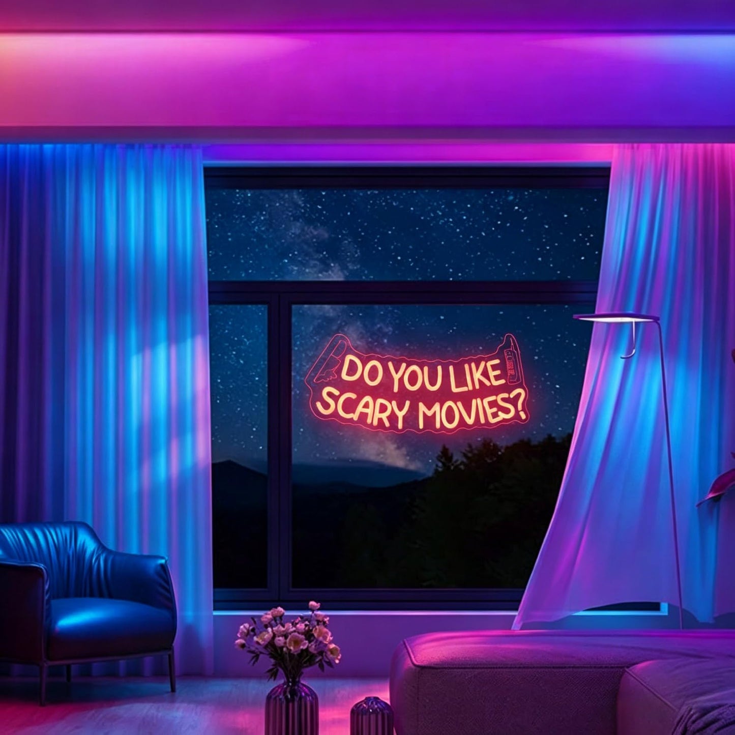 Do You Like Scary Movies LED Neon Sign Horror Movie Decor for Wall USB Powered Adjustable Brightness Easy Install Neon Lights for Room Halloween Decorations