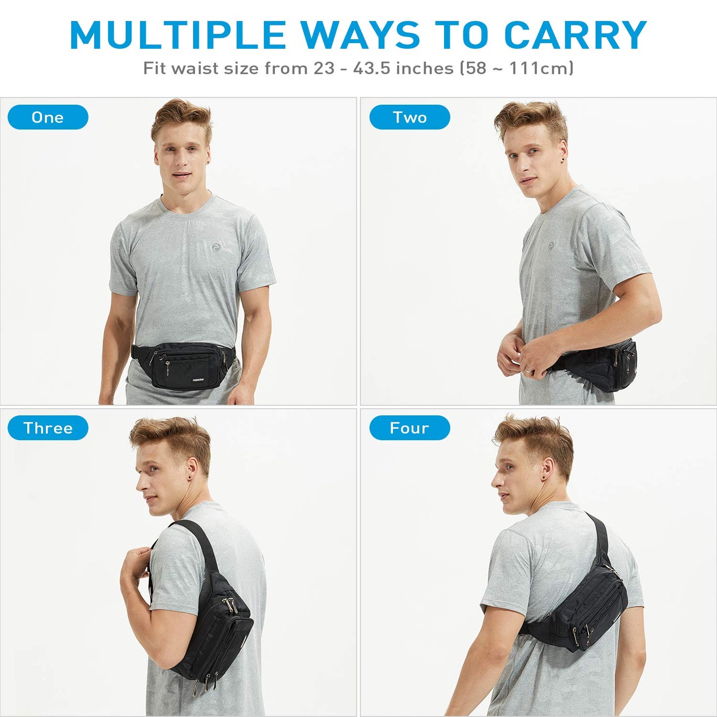 Oxpecker Waist Pack Bag with Rain Cover, Waterproof Fanny Pack for Men&Women, Workout Traveling Casual Running Hiking Cycling, Hip Bum Bag (black)