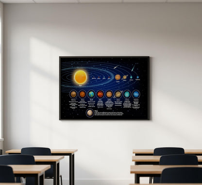 Solar System Poster for Kids, Educational Cartoon Planets Wall Art - 11x17 Black Framed Print - Perfect for Toddler Bedroom, Playroom, or Classroom Decor - Inspires Learning and Curiosity