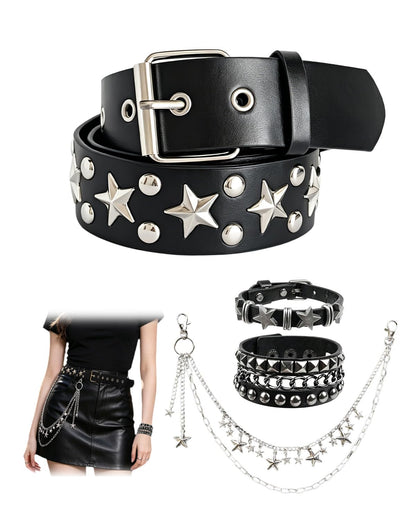 KRLBZER Y2K Star Studded Belt with Silver Star Pants Chain Punk EmoBlack Studded Belts Gothic Grunge Rock Fashion Accessory (4Pcs)